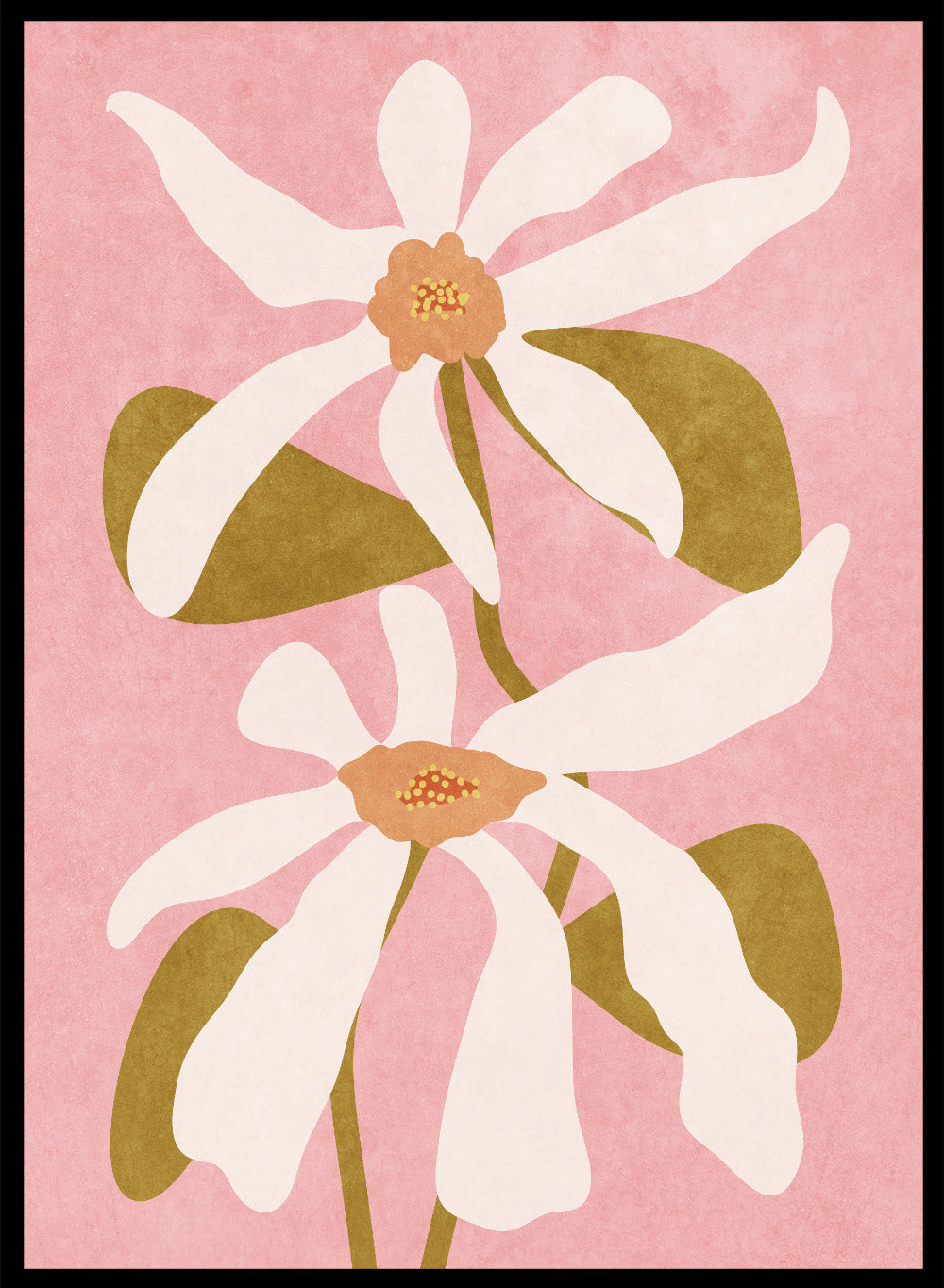 Two white flowers with green stems on a pink background. Abstract Flowers I by Raissa Oltmanns is a modern floral art print featuring white blooms on pink in contemporary botanical wall poster style.