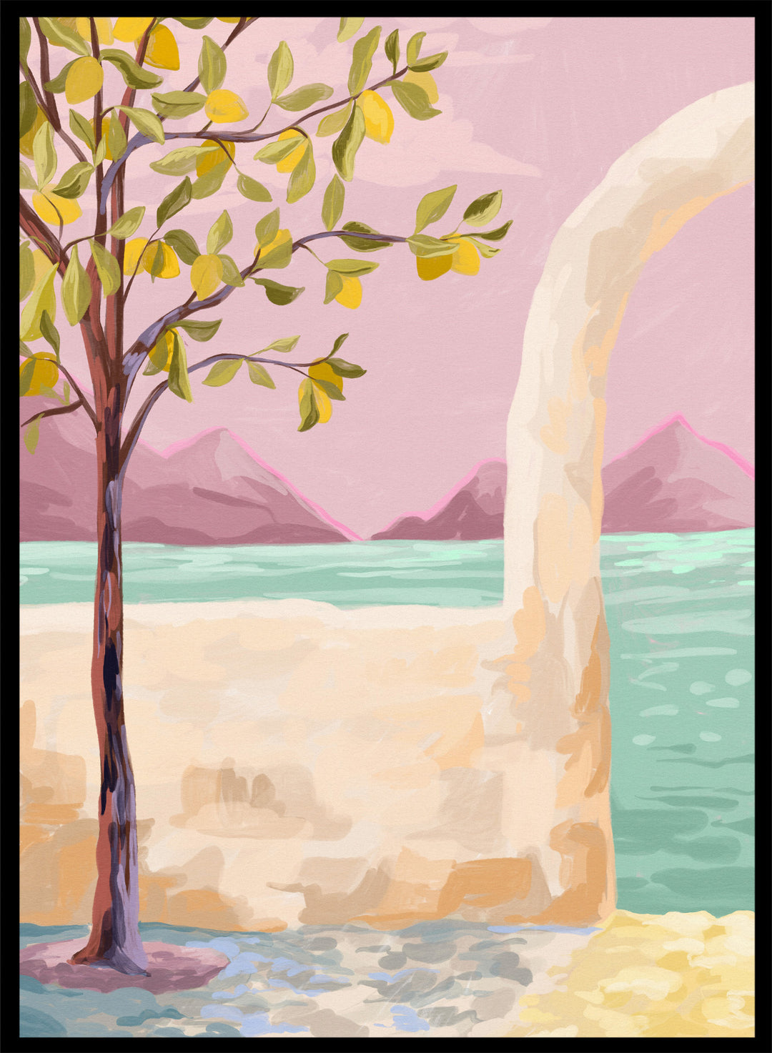Artistic depiction of a tree by a lake with mountains in the background. Lemon Tree by Goed Blauw is a coastal art print and wall poster featuring a lemon tree, soft pastel sky, and ocean view in warm tones.