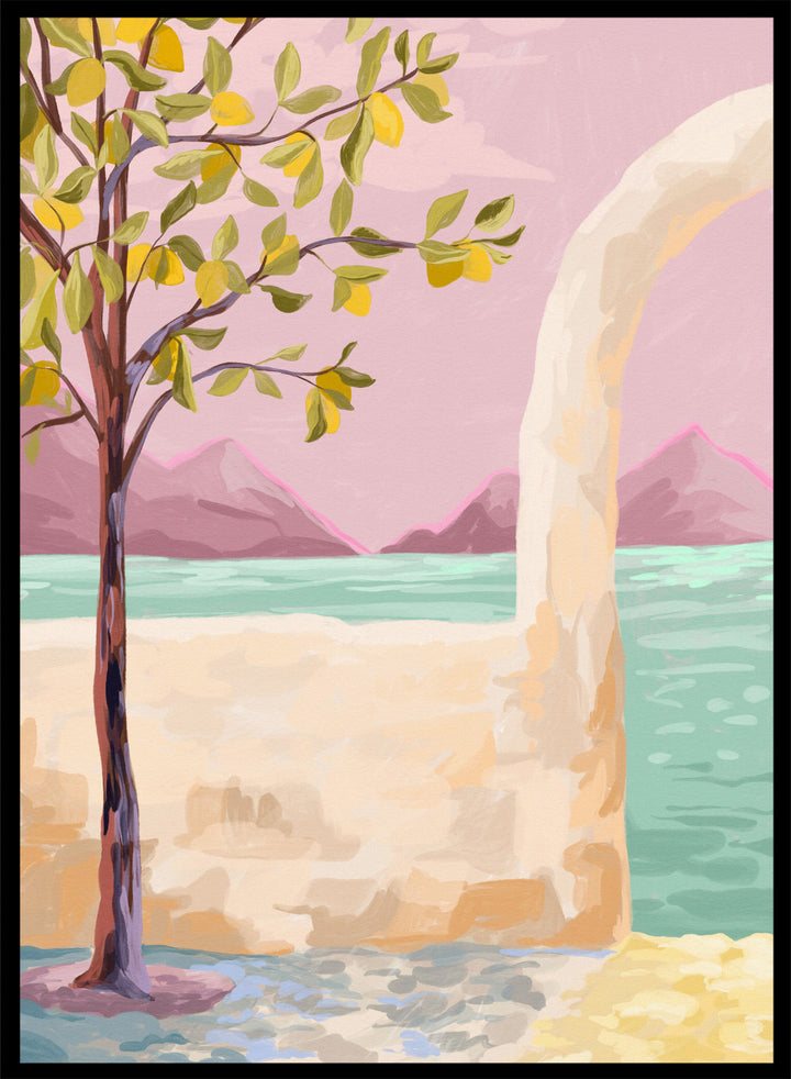 Artistic depiction of a tree by a lake with mountains in the background. Lemon Tree by Goed Blauw is a coastal art print and wall poster featuring a lemon tree, soft pastel sky, and ocean view in warm tones.