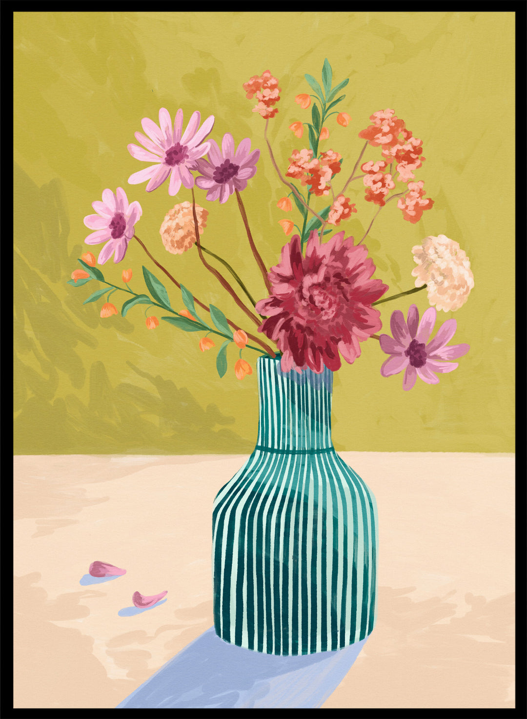 Vase with flowers on a table against a green background. Wildflowers by Goed Blauw is a colorful floral art print and wall poster featuring a striped vase with loose flowers on a warm yellow background.