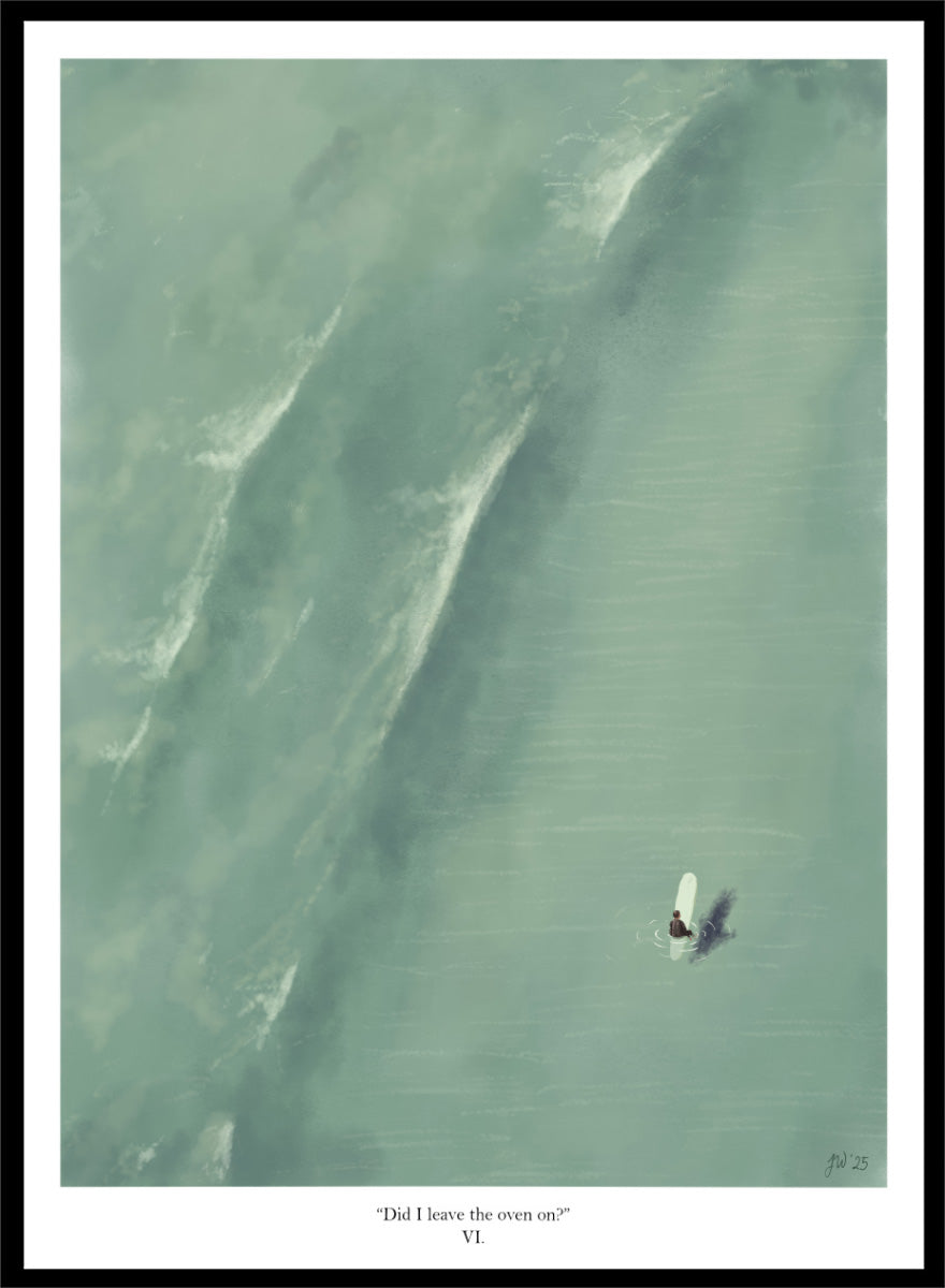 A framed art print featuring a minimalist aerial illustration of a surfer on a large wave, with the caption 'Did I leave the oven on?' and 'VI' at the bottom. Lone Surfer Deep Ocean by Jake Waldron, a minimalist ocean art print featuring a lone surfer, deep water, and soft green coastal tones.