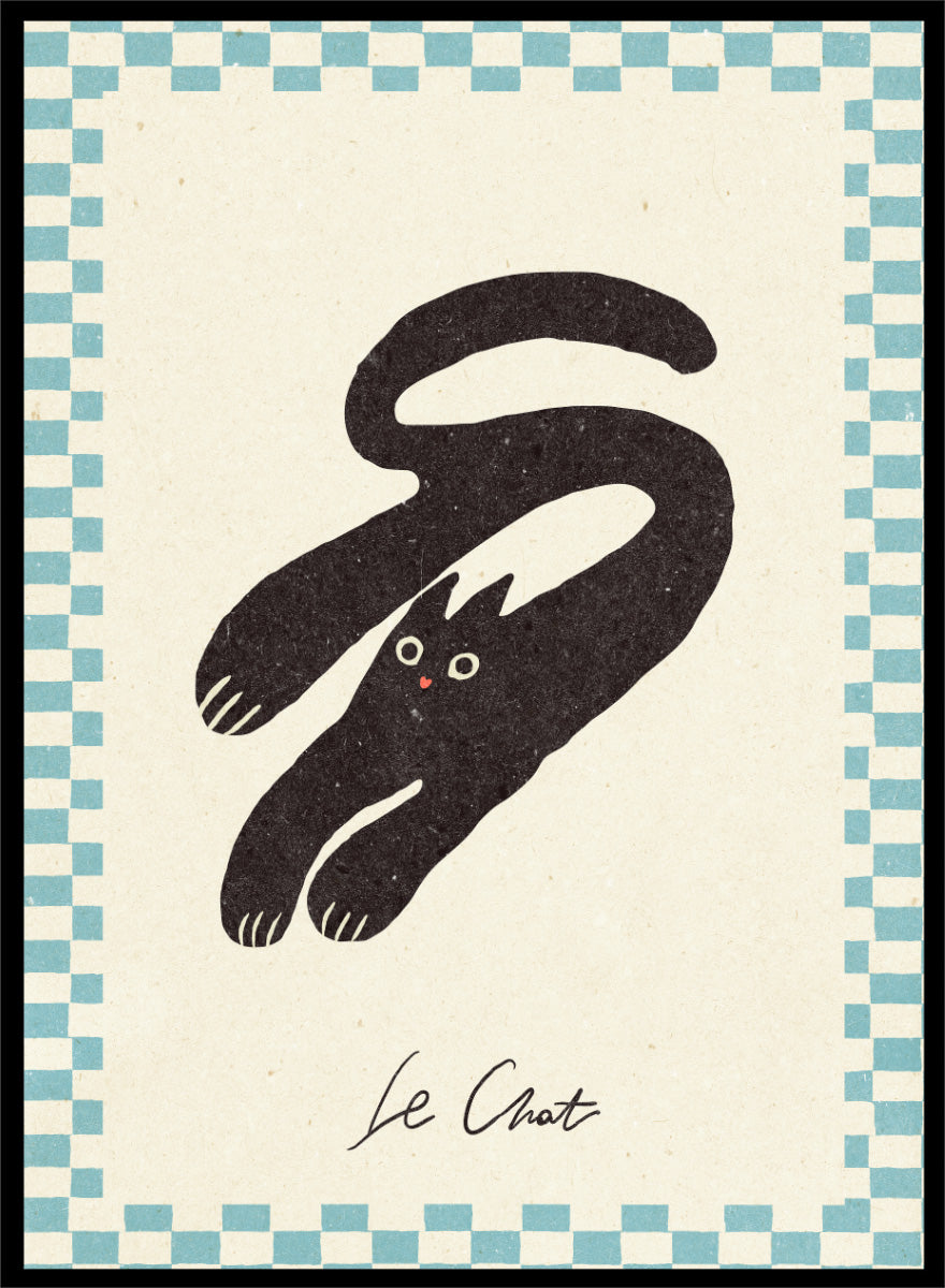 Shop Le Chat No.03 by NKTN, a playful black cat wall art print poster featuring a stretched cat, checkerboard border, and quirky vintage-inspired graphic style.