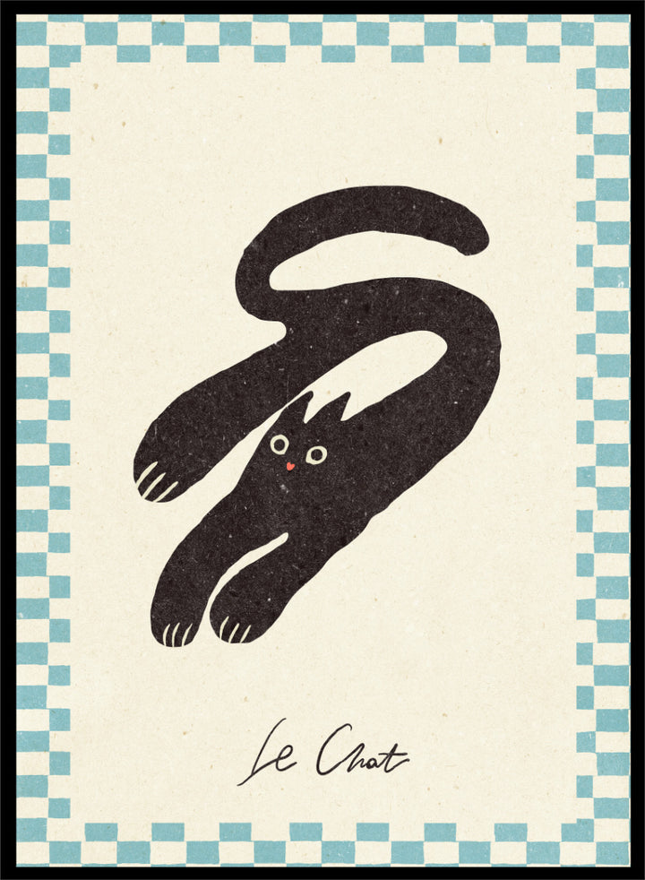 Shop Le Chat No.03 by NKTN, a playful black cat wall art print poster featuring a stretched cat, checkerboard border, and quirky vintage-inspired graphic style.