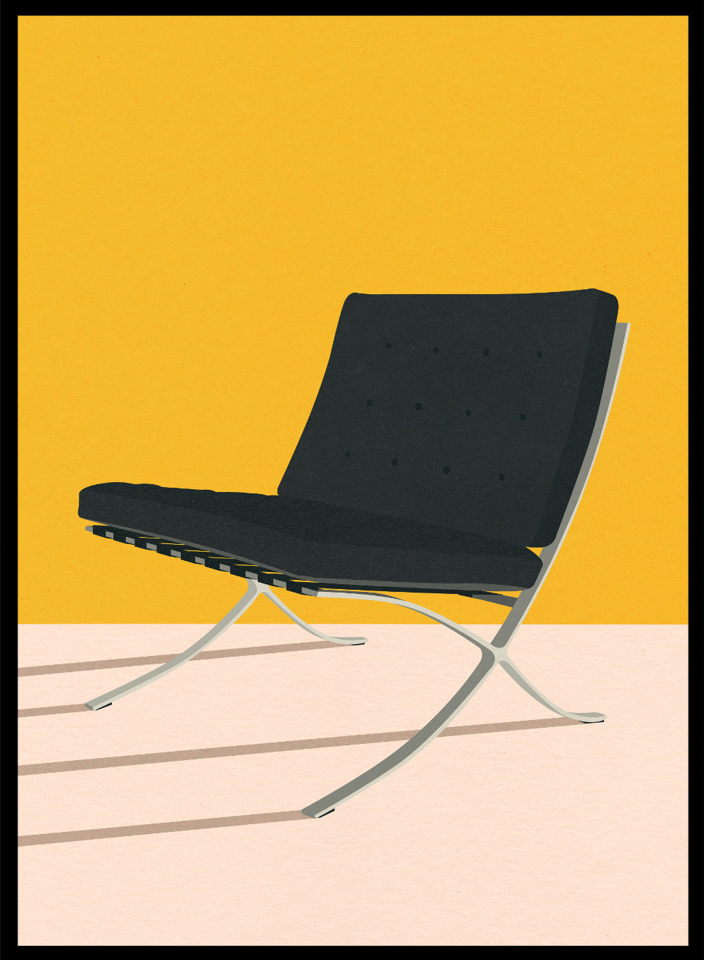 Black chair with metal legs on a yellow and beige background. Barcelona Chair by Mies Van Der Rohe by Rosi Feist is a minimalist modern design art print featuring clean lines and bold color. Officially licensed fine art poster with optional real wood framing, ready to hang.