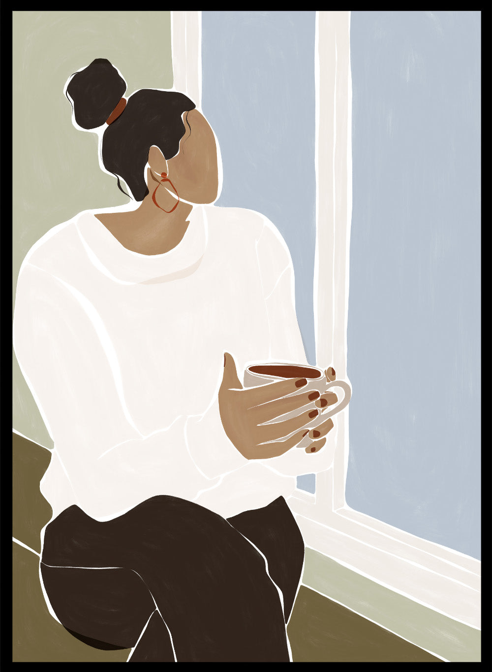 Enjoying a Cup of Tea by Ivy Green is a calm modern figure art print celebrating slow moments and everyday rituals. Premium fine art print with optional wood framing.
