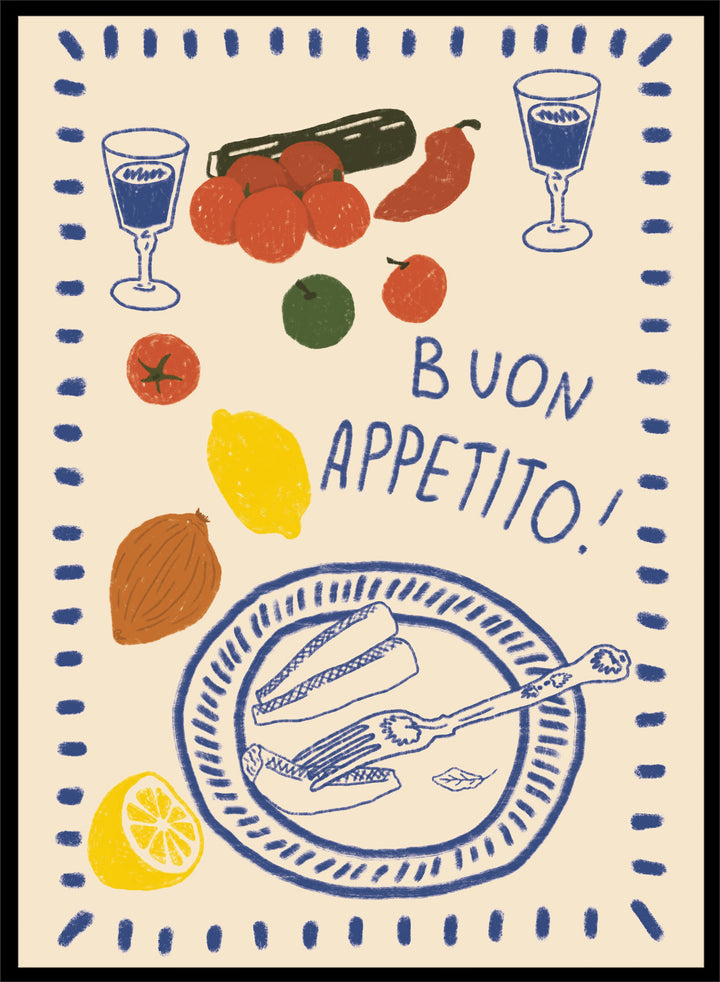 An illustrated print or card with the Italian phrase “BUON APPETITO!” in blue lettering, surrounded by hand-drawn food items including tomatoes, a lemon, an almond, a cucumber, a plate with bread and a fork, and two glasses with blue liquid. Buon Appetito Meal by Lisa Solomoniuk premium framed fine art print featuring a finished meal, wine glasses, fresh ingredients, and playful Italian lettering.
