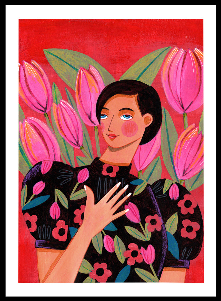 Illustration of a woman with floral dress and pink tulips on a red background. Woman portrait art print surrounded by pink tulips on a red background by Caroline Bonne Müller. Colorful floral illustration wall poster, officially licensed.