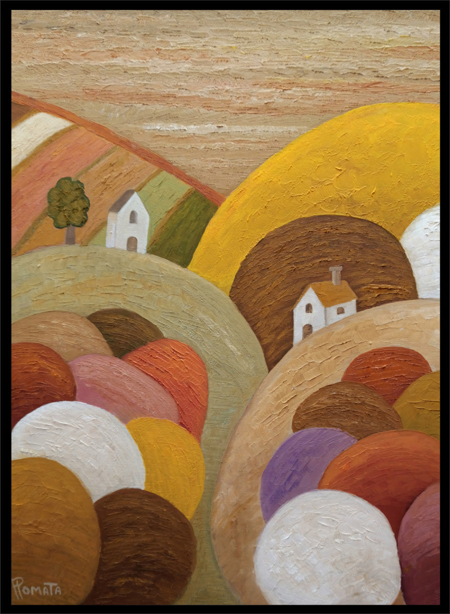 Shop Colorful Hillside Village by Angeles M. Pomata, an autumn landscape art print featuring rounded hills, tiny white houses, earthy tones, and rich oil texture.