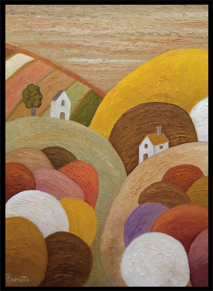 Shop Colorful Hillside Village by Angeles M. Pomata, an autumn landscape art print featuring rounded hills, tiny white houses, earthy tones, and rich oil texture.