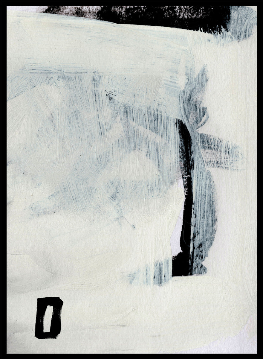Shop Beyond by Dan Hobday, a set of 2 abstract wall art prints posters featuring expressive black forms, layered brushwork, and soft white and blue tones.