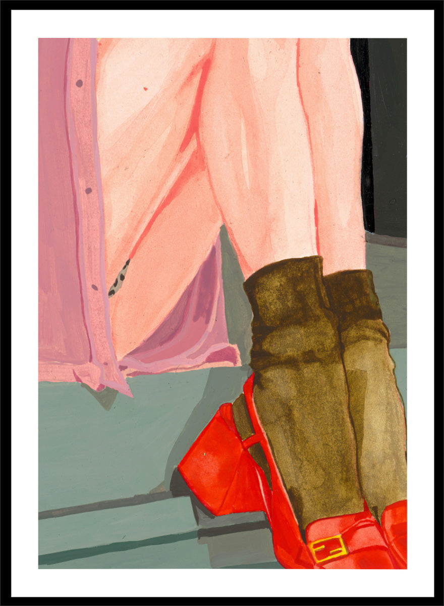 Shop Colorful Legs Red Shoes by Sophia Novosel, a modern figurative wall art print poster featuring red shoes, boots, legs, and fashion details.