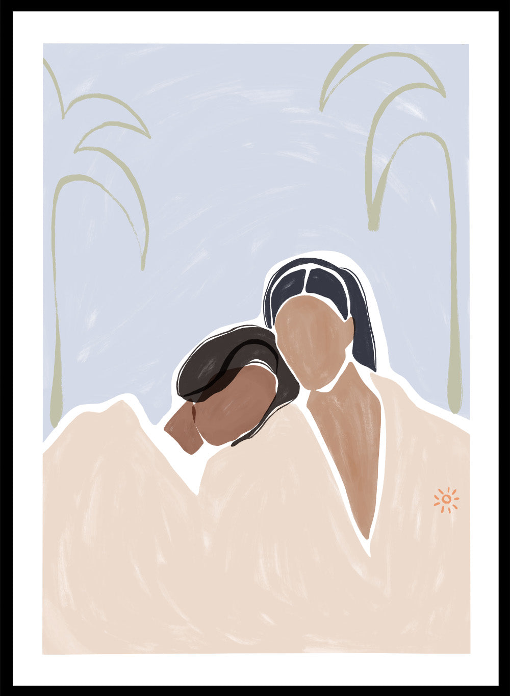 Girlfriends by Ivy Green is a modern figurative art print showing two women sharing a quiet, intimate moment. Premium fine art print with optional wood framing.