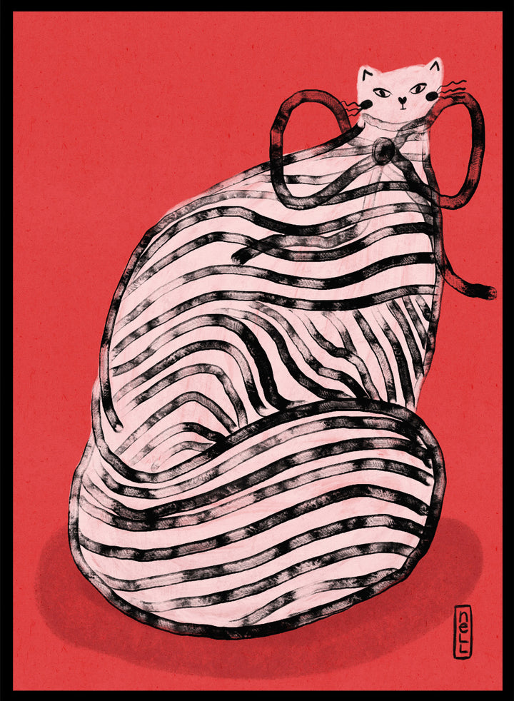 Illustration of a cat inside a ball of yarn on a red background. Black and White Striped Cat by Dirkie Nell is a playful cat art print featuring bold stripes and a red background. A colorful modern animal wall poster.