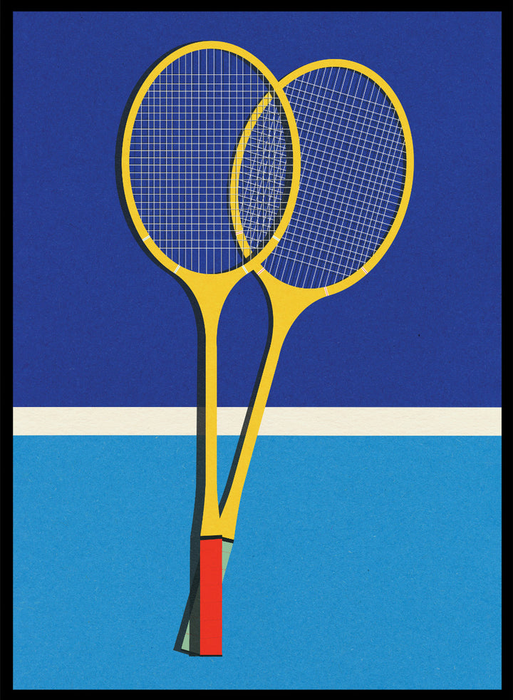 Two yellow badminton rackets on a blue background with a white stripe at the bottom. Wooden Badminton Rackets by Rosi Feist is a modern minimalist fine art print featuring bold yellow rackets on a graphic blue court. Officially licensed wall poster with optional artisan framing.