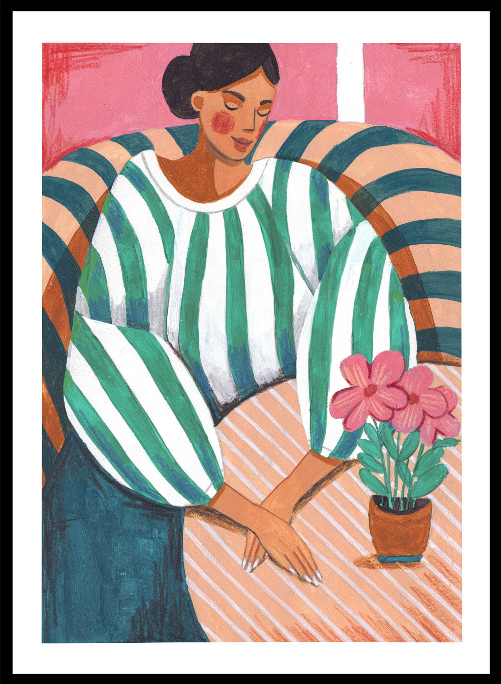 Artistic illustration of a person holding a potted plant with a colorful background. Peaceful Woman Home by Caroline Bonne Müller is a fine art print and wall poster of a woman seated indoors with flowers and striped patterns.