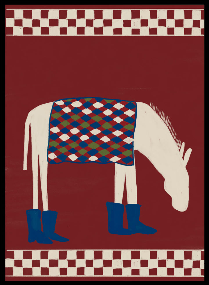 A stylized folk-art illustration of a white horse with a patterned blue, green, and red saddle blanket and blue boots, set against a dark red background with cream-and-red checkered borders at the top and bottom. Whimsical Donkey In Boots by The Art Concept animal art print featuring a white donkey in blue boots with a patterned blanket and rich red background.