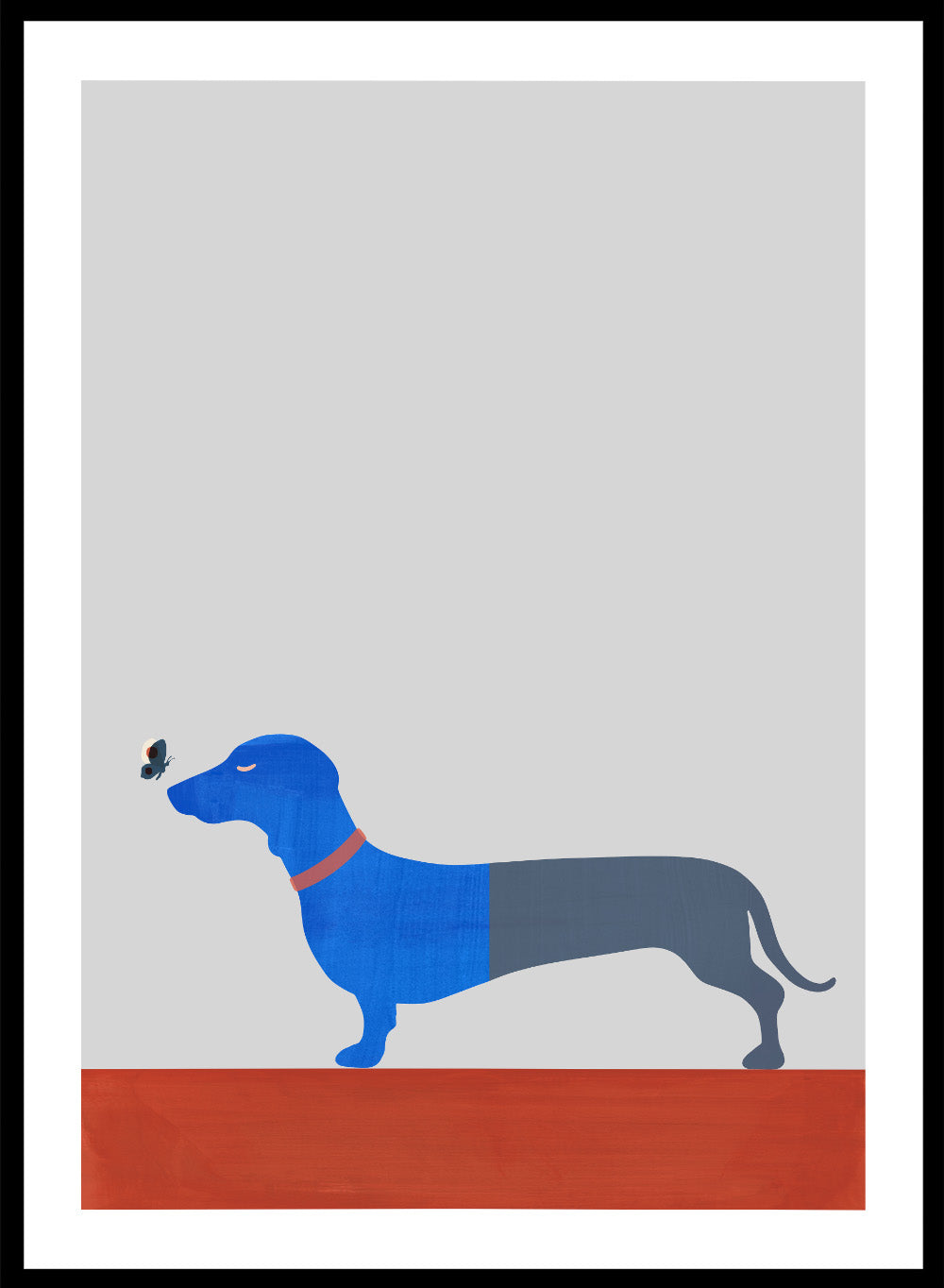 Blue dachshund wall art print by Casa Cartissi featuring a modern butterfly illustration. Contemporary minimalist animal poster with textured shapes and warm color palette.