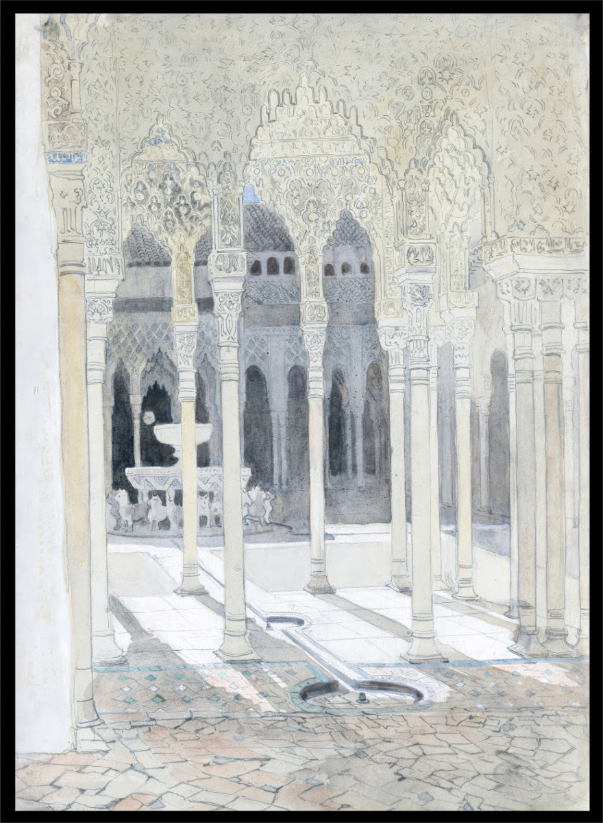 A watercolor and ink painting of a historic courtyard with arches, columns, and a fountain. The Lion Courtyard, the Alhambra, Granada, Spain by Hercules Brabazon Brabazon is a vintage watercolor art print featuring Moorish arches, columns, and the Alhambra courtyard.