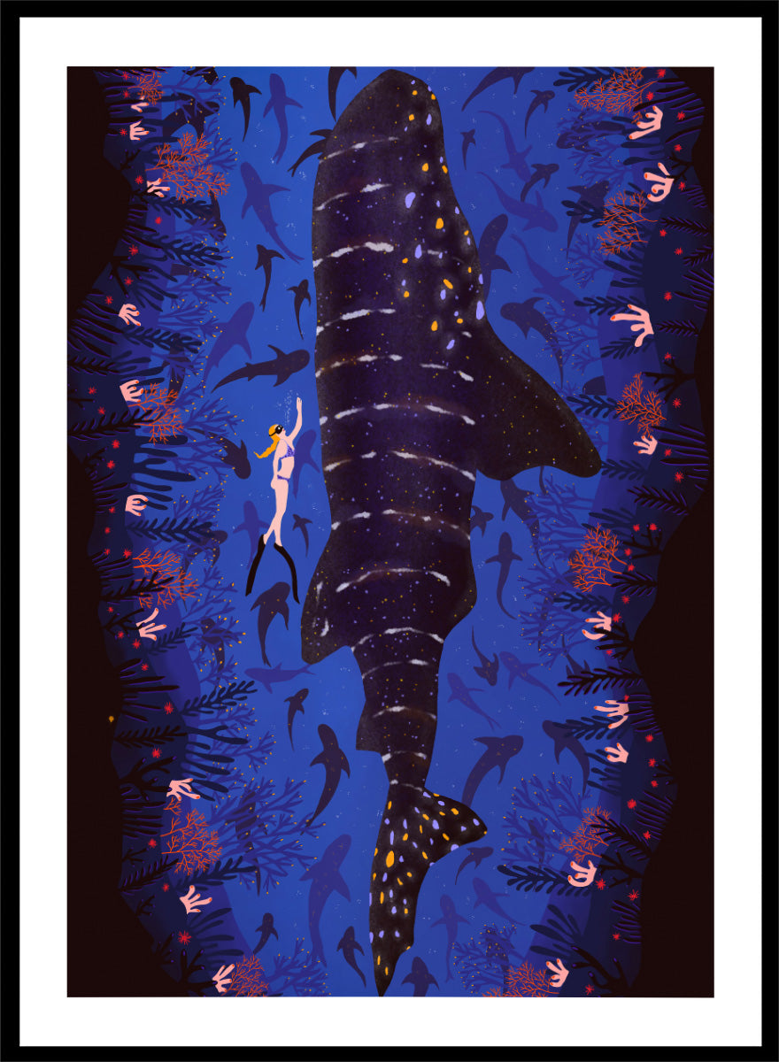 An illustrated art print featuring a large whale shark swimming through a deep blue ocean filled with smaller fish and coral. Diver and Whale Shark art print by Ceyda Alasar features a dramatic underwater view with a whale shark, diver, coral, and rich ocean blues.