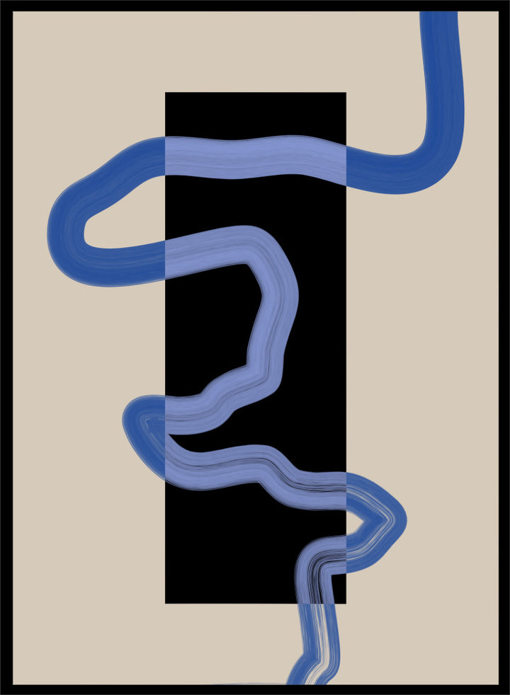 Shop Flowing Blue Lines Rectangle by Elena Ristova, a modern abstract wall art print poster with painted blue lines, a black rectangle, and cream tones.