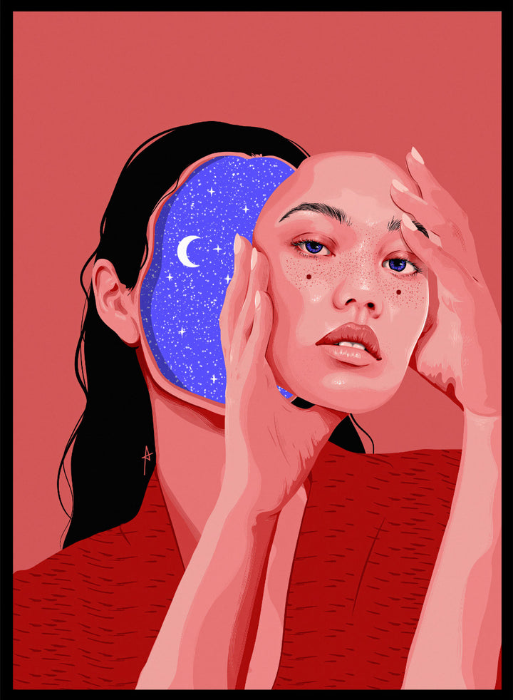 Illustration of a person with a starry night design, on a red background. Des Astres by AnA Ariane is a surreal portrait art print featuring a woman with a starry cosmic interior. Modern figurative wall poster.