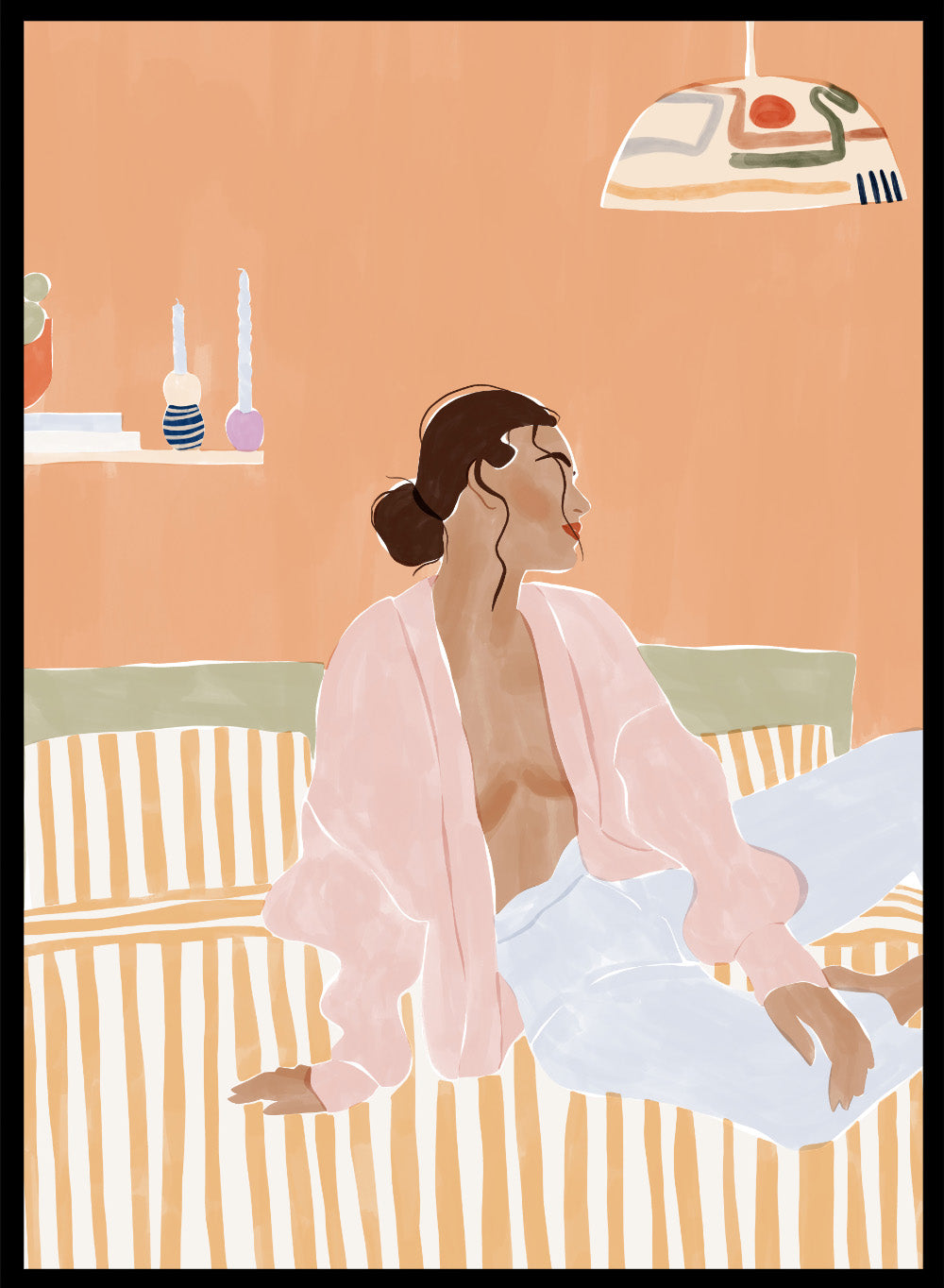 Just Let Me Chill by Ivy Green is a modern lifestyle art print featuring a relaxed woman on a sofa in warm tones. Premium fine art print with optional wood framing.