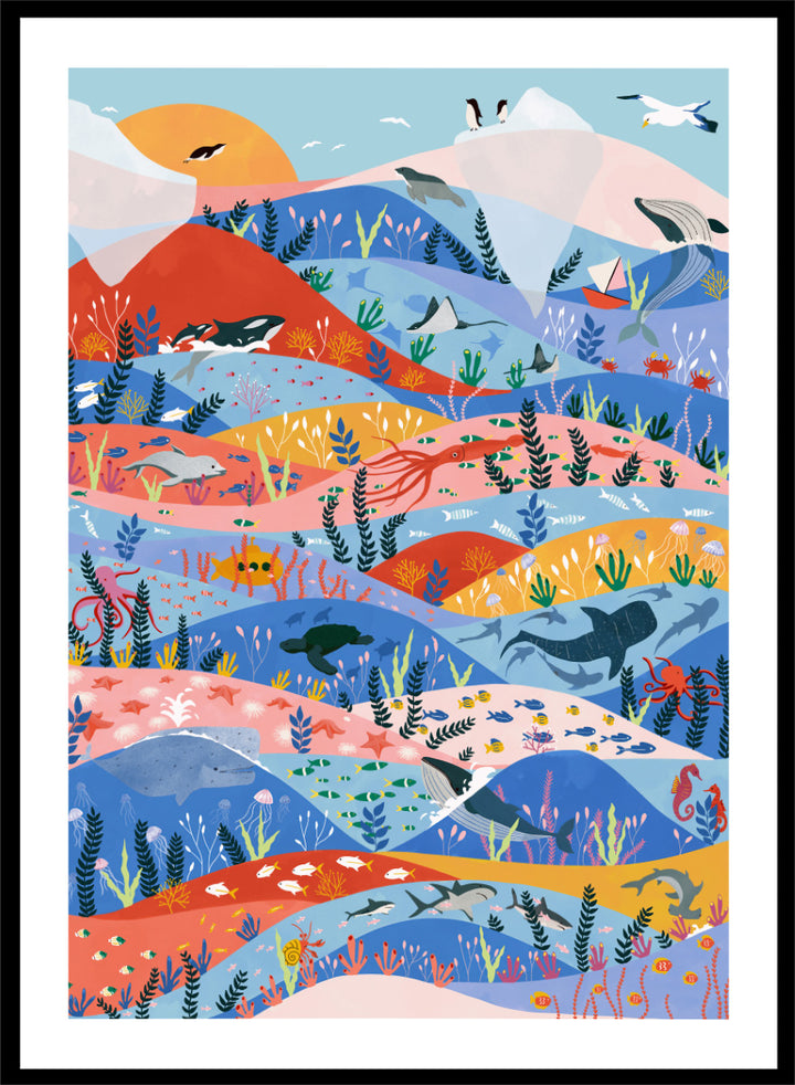 A colorful illustrated art print featuring stylized mountains, sea life, and coastal scenery in layered wavy bands of blue, pink, orange, yellow, and green. Vibrant Ocean Life by Ceyda Alasar ocean art print featuring whales, sharks, rays, turtles, coral reefs, sea plants, and colorful marine life.