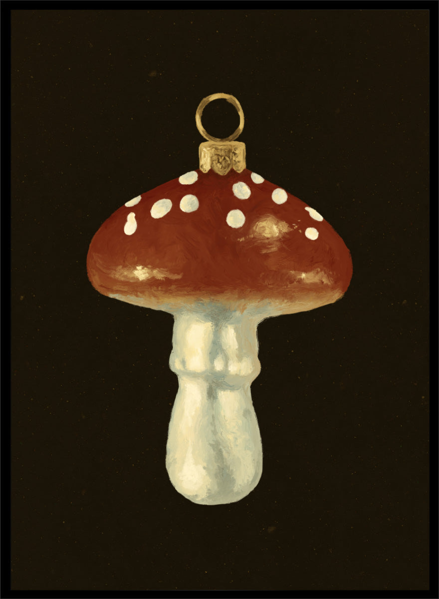 Shop Festive Mushroom Ornament by NKTN, a Christmas wall art print poster featuring a red-and-white mushroom ornament with vintage woodland holiday charm.