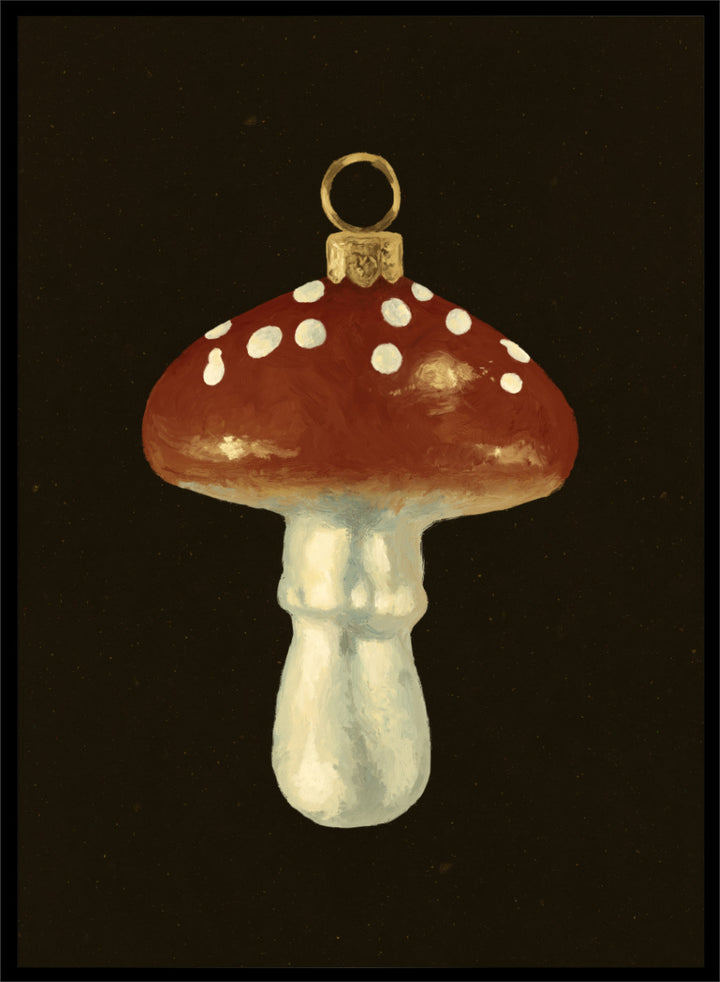 Shop Festive Mushroom Ornament by NKTN, a Christmas wall art print poster featuring a red-and-white mushroom ornament with vintage woodland holiday charm.