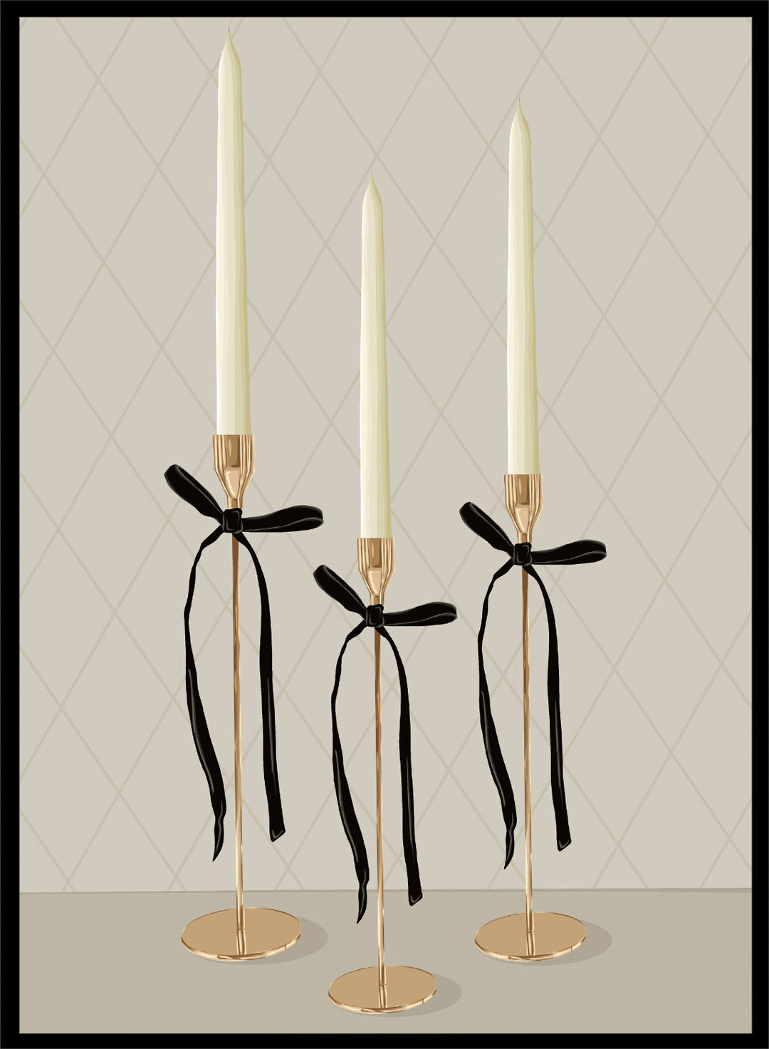 Three gold taper candle holders with cream candles and black ribbon bows, arranged on a light gray surface against a beige diamond-patterned background. Elegant Gold Taper Candles by Lisa Solomoniuk premium framed fine art print featuring gold candlesticks, cream tapers, and long black ribbons.