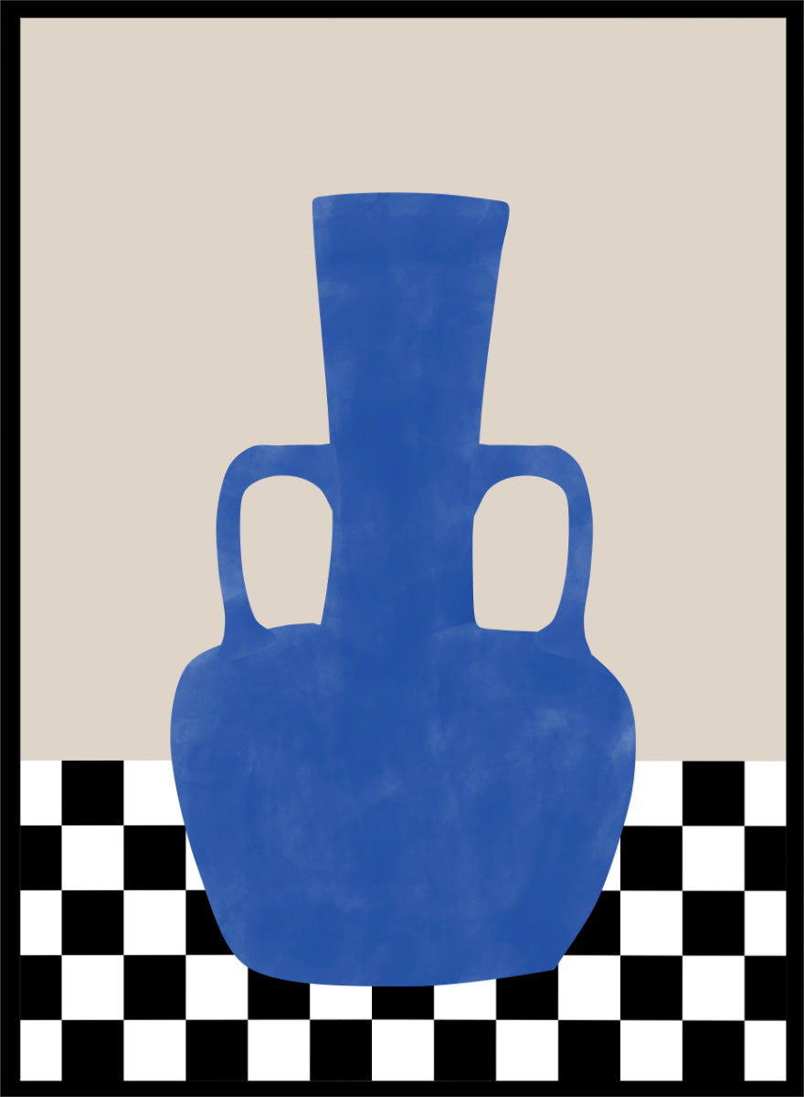 Shop Blue Amphora Still Life by Elena Ristova, a modern still life wall art print poster featuring a cobalt blue vase and bold black-and-white checkerboard pattern.