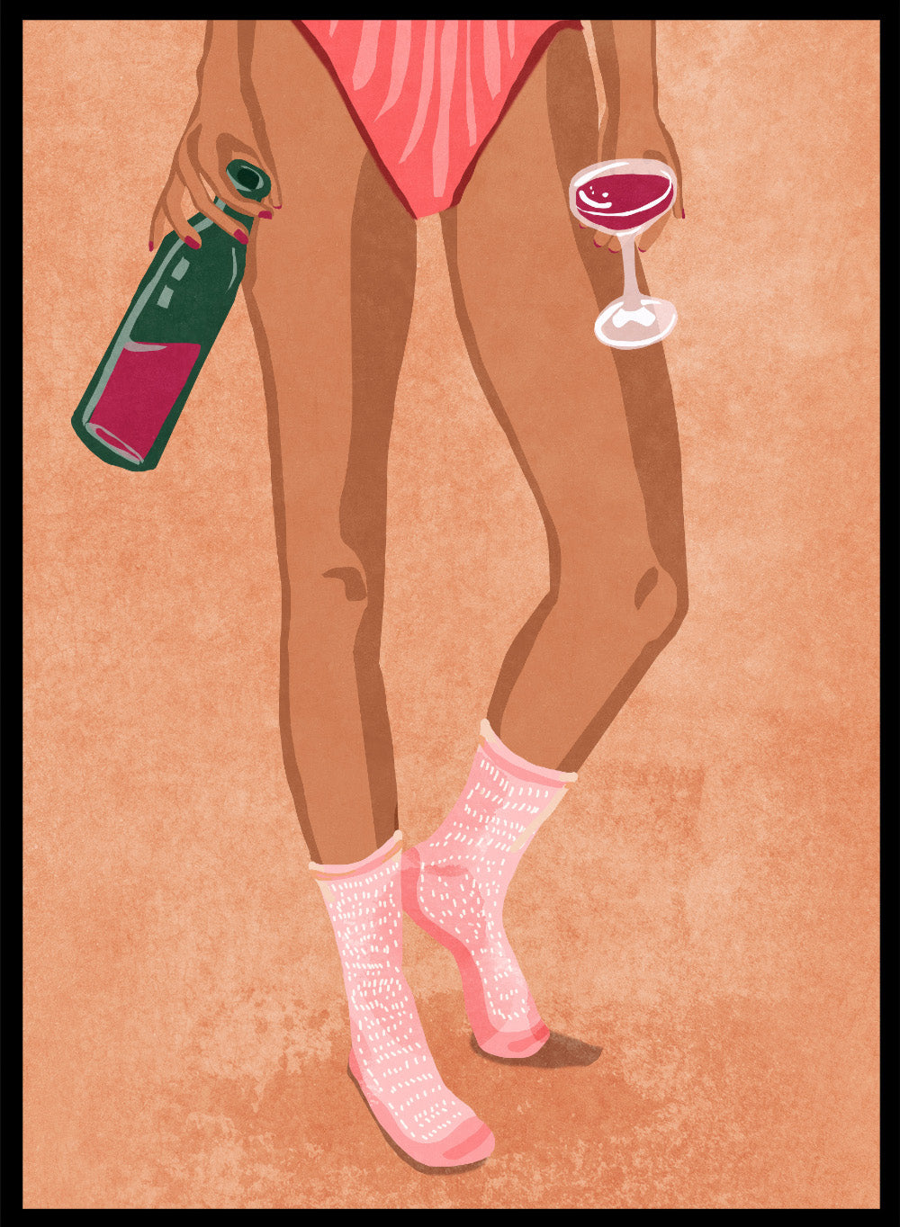 Illustration of a person's legs wearing pink socks with text, holding a bottle and a glass on a peach background. Wine and Socks by Raissa Oltmanns is a modern woman art print featuring wine bottle and glass in bold contemporary wall poster style.