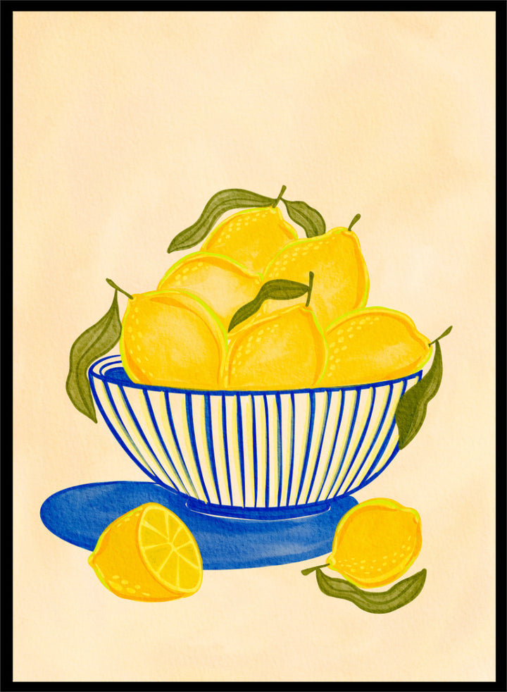 A stylized still life illustration of yellow lemons in a blue-and-white striped bowl with green leaves. Shop Fresh Lemon Bowl by Nikita Jariwala, a kitchen wall art print poster featuring bright yellow lemons, a blue striped bowl, green leaves, and citrus still life.