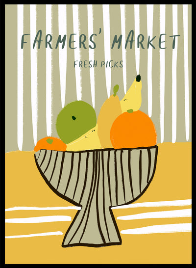 Farmers' Market Fruit Bowl Wall Art Print | Hand Drawn Contemporary Food Illustration, Modern Aesthetic Kitchen Poster, Fresh Produce