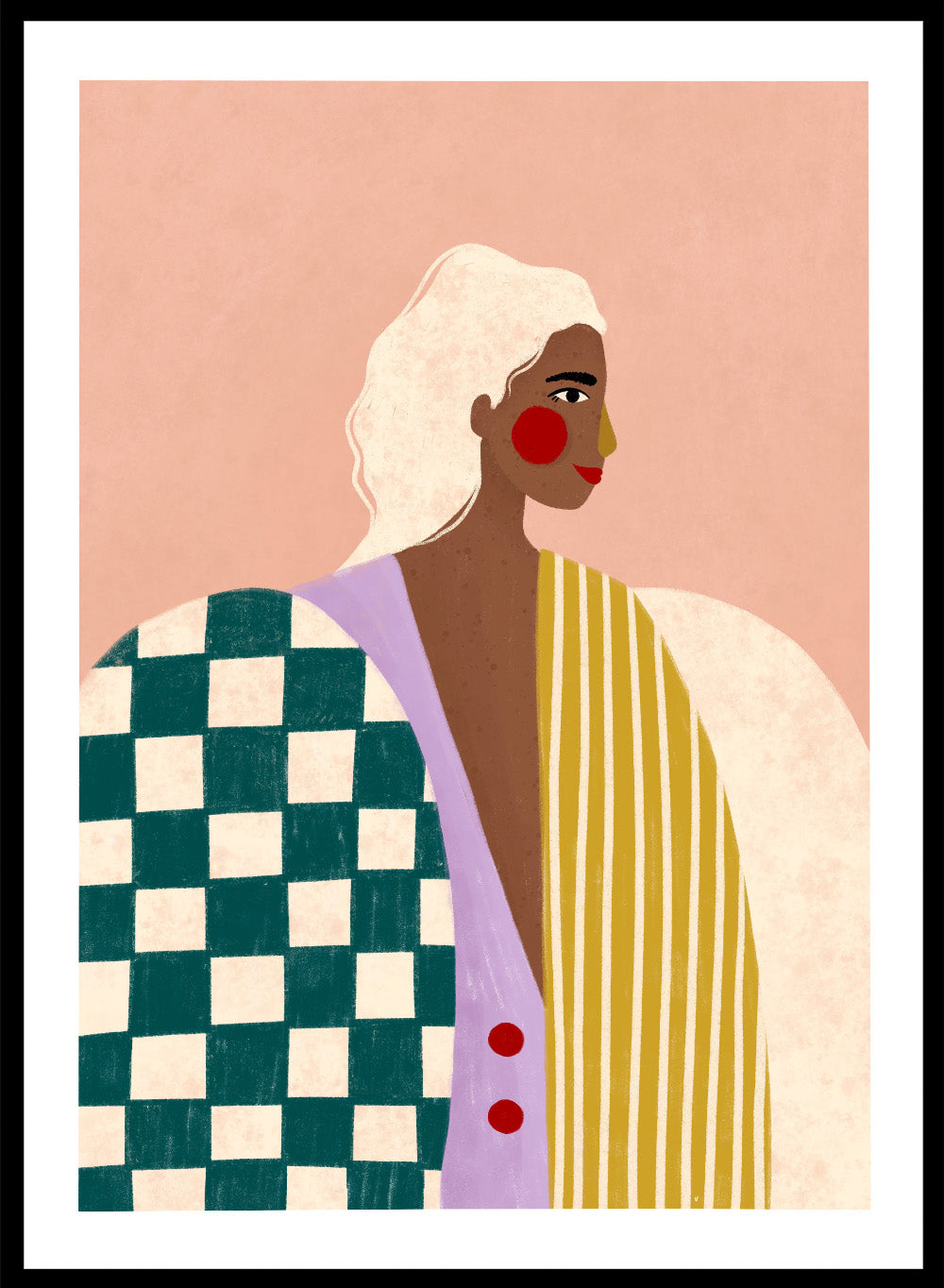 Funky Blouse by Bea Müller is an officially licensed art print featuring bold patterns, expressive color, and a modern illustrated woman. Framed or unframed options available.