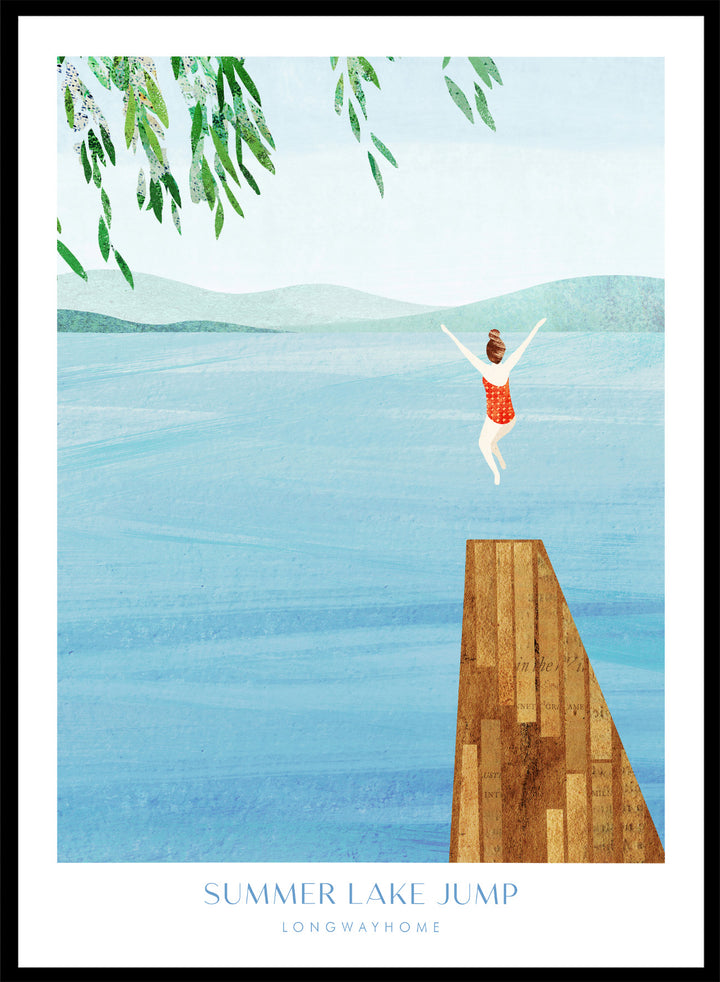 Illustration of a person jumping into a lake from a dock with mountains in the background. Summer Lake Jump by Longwayhome is a minimalist summer lake art print featuring a dock jump scene, calm blue water, and modern travel inspired design.