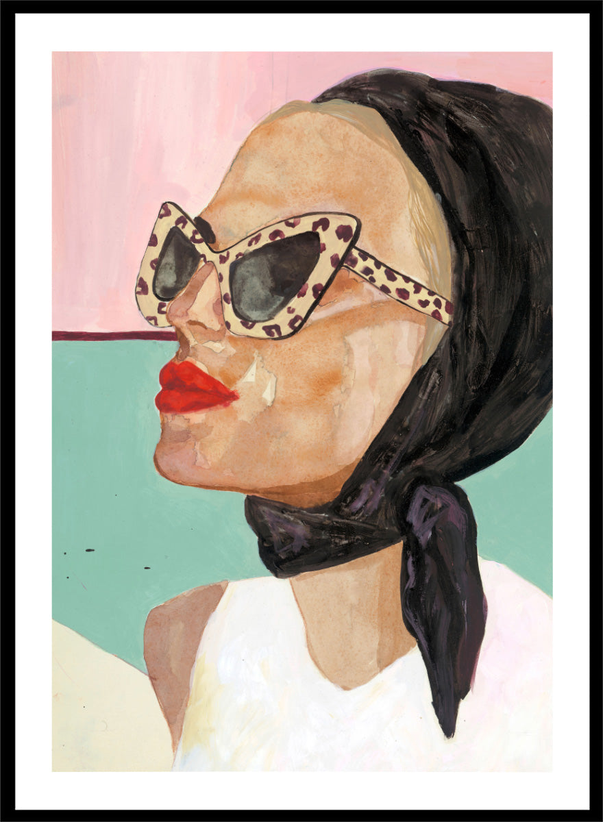 Shop Chic Scarf Sunglasses by Sophia Novosel, a modern female portrait wall art print poster featuring cat-eye sunglasses, red lips, and a black scarf.