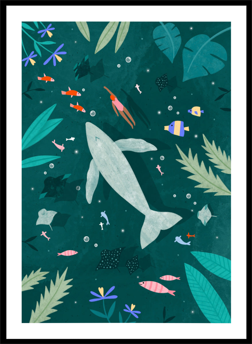 Shop Peaceful Ocean Encounter by Bea Müller, an ocean wall art print poster featuring a swimmer, whale, tropical fish, and whimsical underwater scenery in teal.