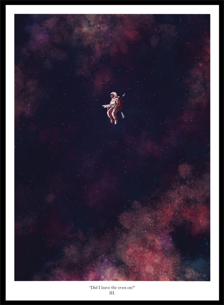A framed art print featuring an astronaut floating in a starry outer space scene with deep purple, pink, and blue nebulae. The print has a white border with the text &