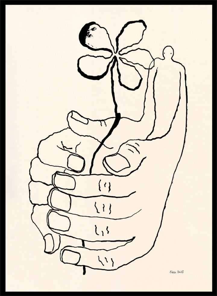 Black line drawing of a hand holding a flower on a beige background. Let It Grow by Eden Kalif is a modern line art print featuring a hand holding a flower with a human figure, designed as a minimalist contemporary wall poster.