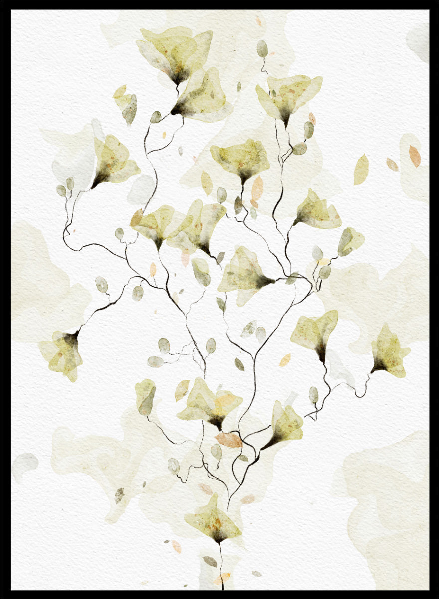 Watercolor floral art print featuring delicate pale yellow and beige flowers on a textured off-white background. Shop Delicate Watercolor Flowers by Ankie Kooi, a floral wall art print poster with watercolor wildflowers, botanical line art, yellow, green, and cream.