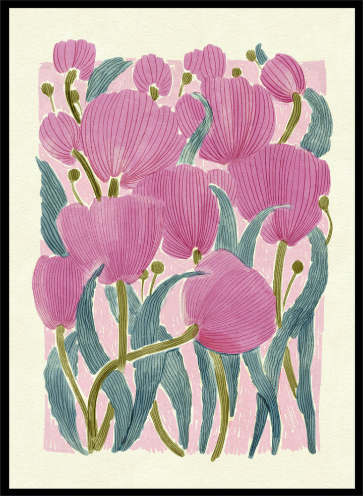 A framed art print featuring a stylized illustration of pink tulips with textured green leaves on a light cream background. Shop Pink Tulips by Katie O&