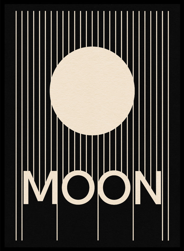 Poster with a stylized moon and the word 'MOON' on a black background. Moon by Rosi Feist is a bold minimalist Bauhaus-inspired art print with a cream circle and graphic lines. Officially licensed modern poster with framing.