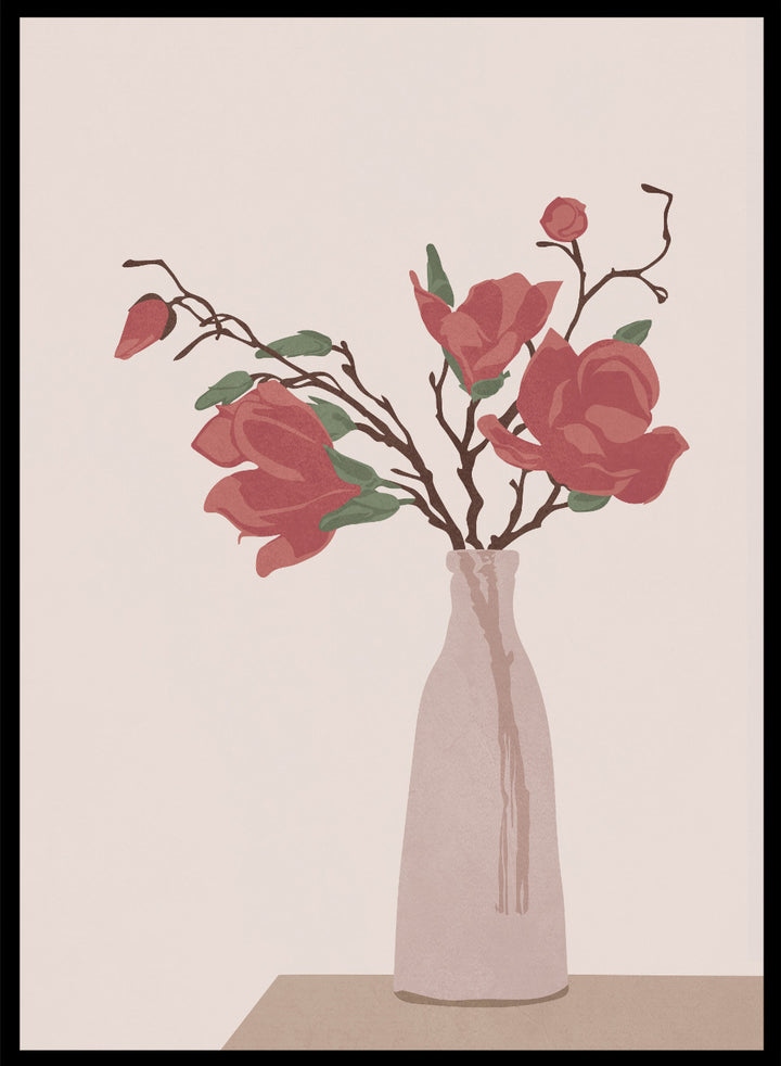 Vase with red flowers on a beige background. Vase by Flow Line is a modern still life art print featuring soft pink flowers in a ceramic vase. A warm, minimal wall poster from the It’s All Love collection.