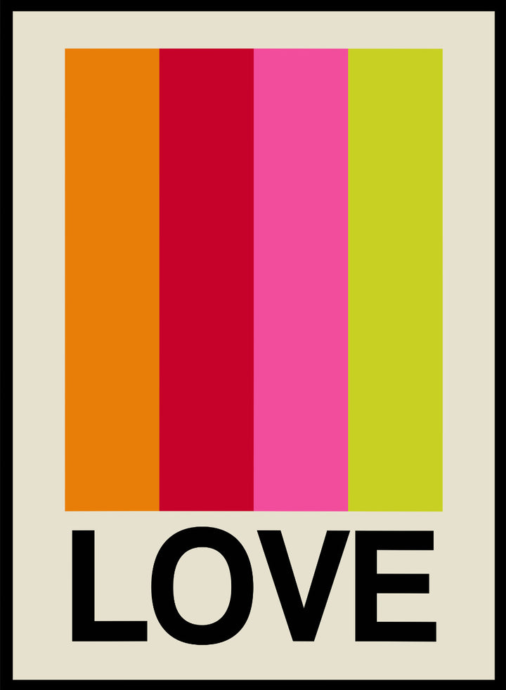 Colorful striped poster with the word 'LOVE' on a beige background. Retro Stripe LOVE Fruit by Frances Collett features colorful vertical stripes and bold LOVE typography. Officially licensed modern graphic art print with optional framing.