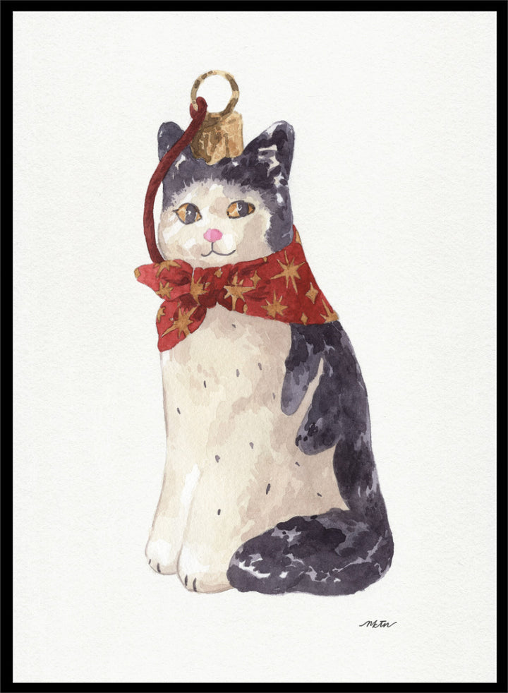 Shop Christmas Cat Ornament by NKTN, a festive cat animal wall art print poster featuring a black-and-white cat in a red star scarf with watercolor detail.