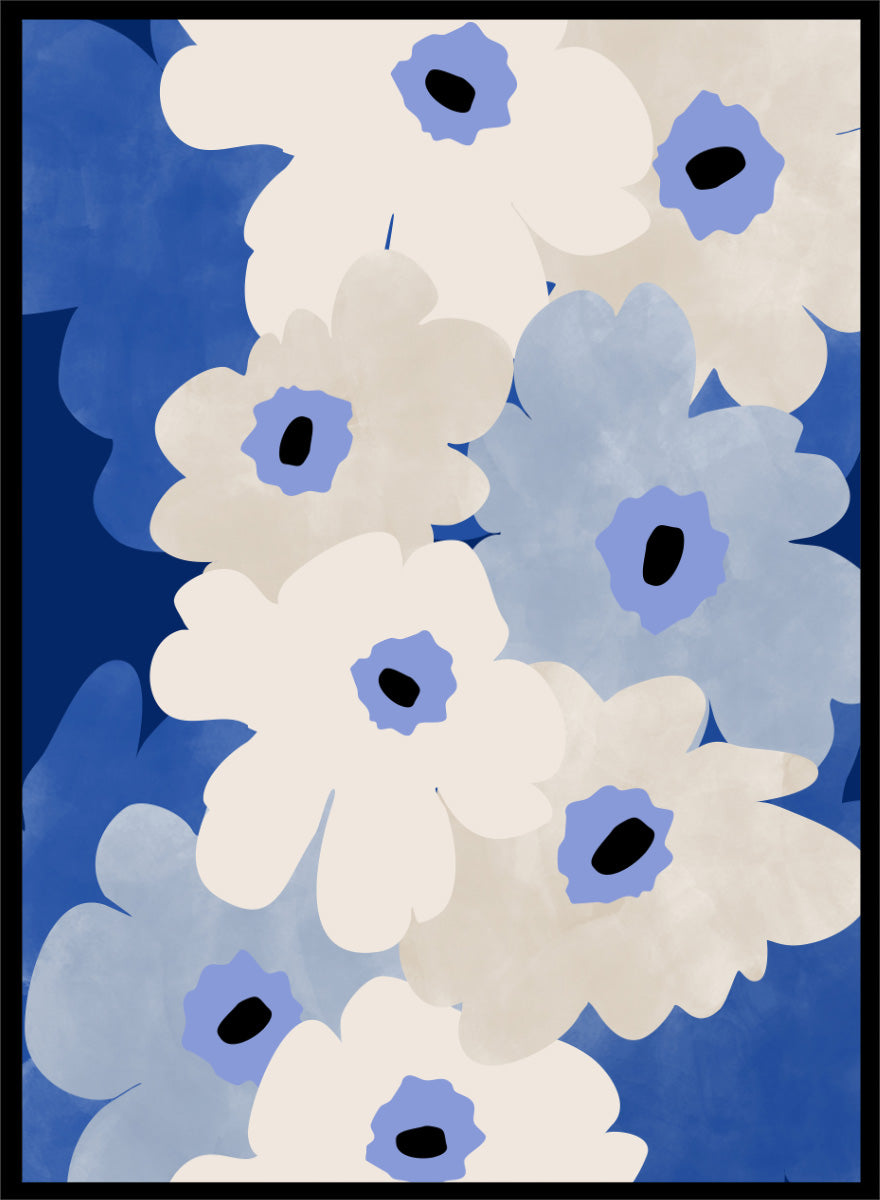 Shop White and Blue Flowers by Elena Ristova, a modern floral wall art print poster featuring oversized cream and blue blooms with bold cobalt and black details.