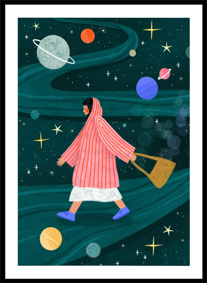 Shop Dreamy Space Walk by Bea Müller, a figurative wall art print poster featuring a woman walking through a whimsical outer space landscape in deep green tones.