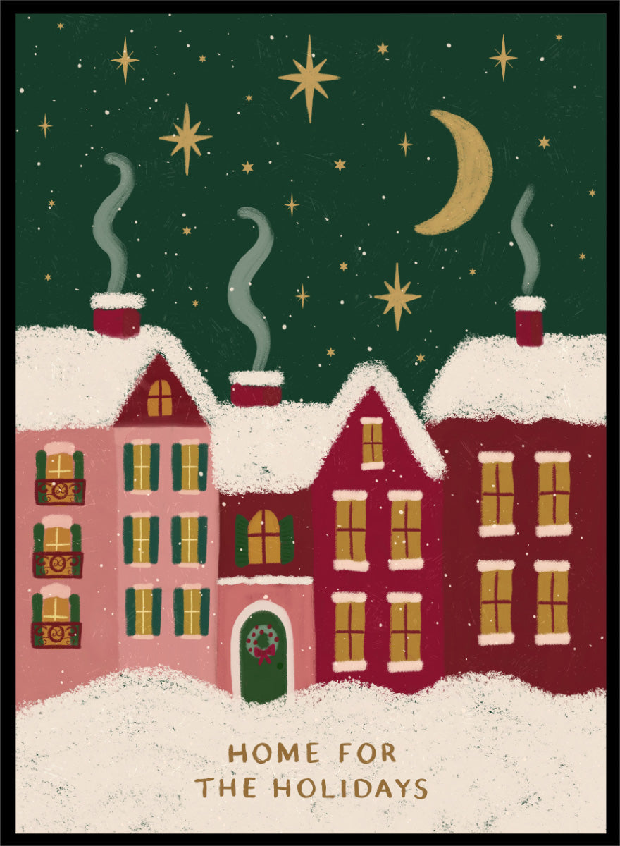 Shop Home For The Holidays by Katarzyna Gąsiorowska, a Christmas wall art print poster featuring snowy houses, glowing windows, stars, and a cozy winter village scene.