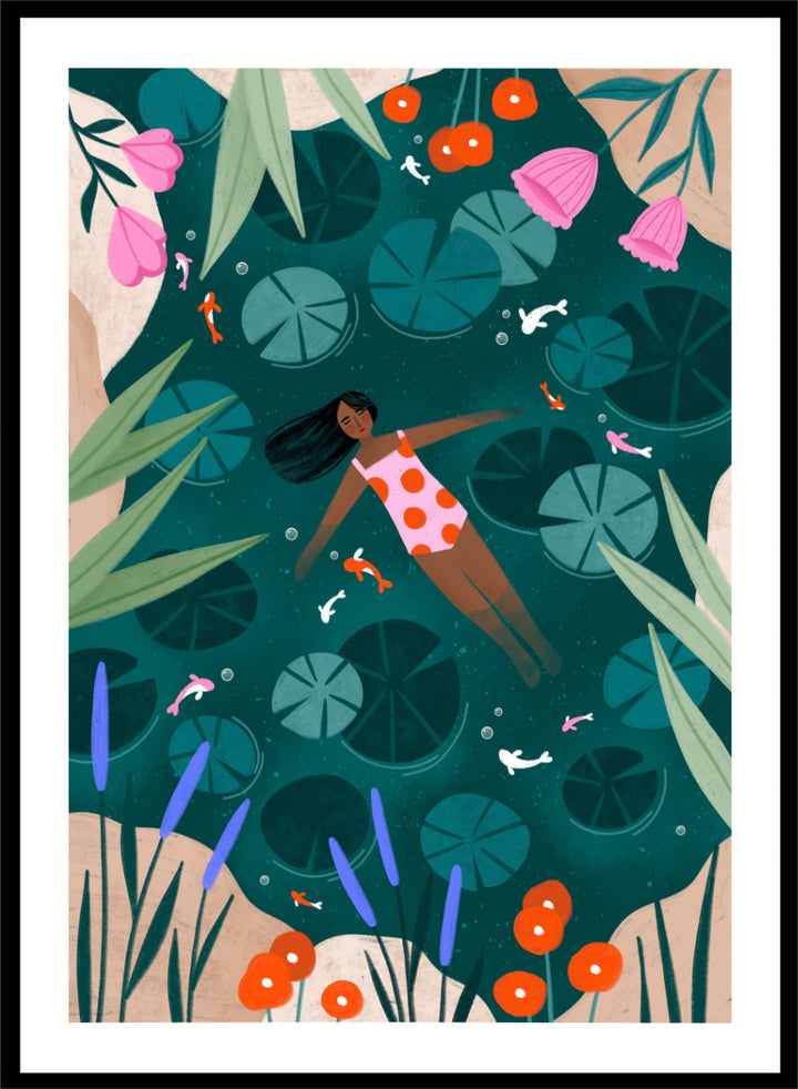 Shop Woman Floating Lily Pond by Bea Müller, a figurative wall art print poster featuring a woman floating among lily pads, flowers, and colorful fish in deep green water.